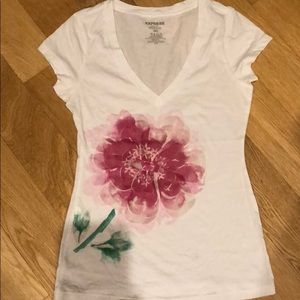 Express White V-Neck Floral Short Sleeve Tee - Pink Flower